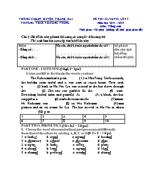 Đề thi Olympic môn Tiếng Anh Lớp 7 - Năm học 2014-2015 - Trường THCS Phương Trung (Có đáp án)